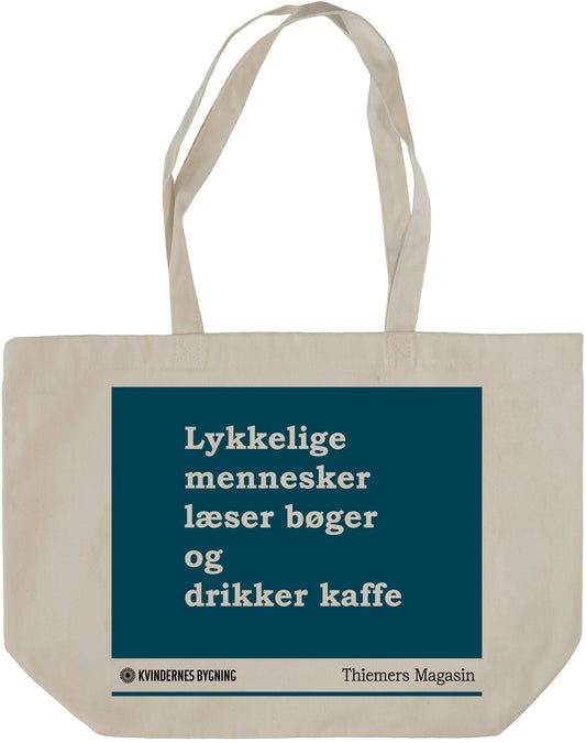 Mulepose. Lykkelige mennesker læser bøger og drikker kaffe. Blå