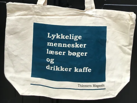 Mulepose. Lykkelige mennesker læser bøger og drikker kaffe. Blå
